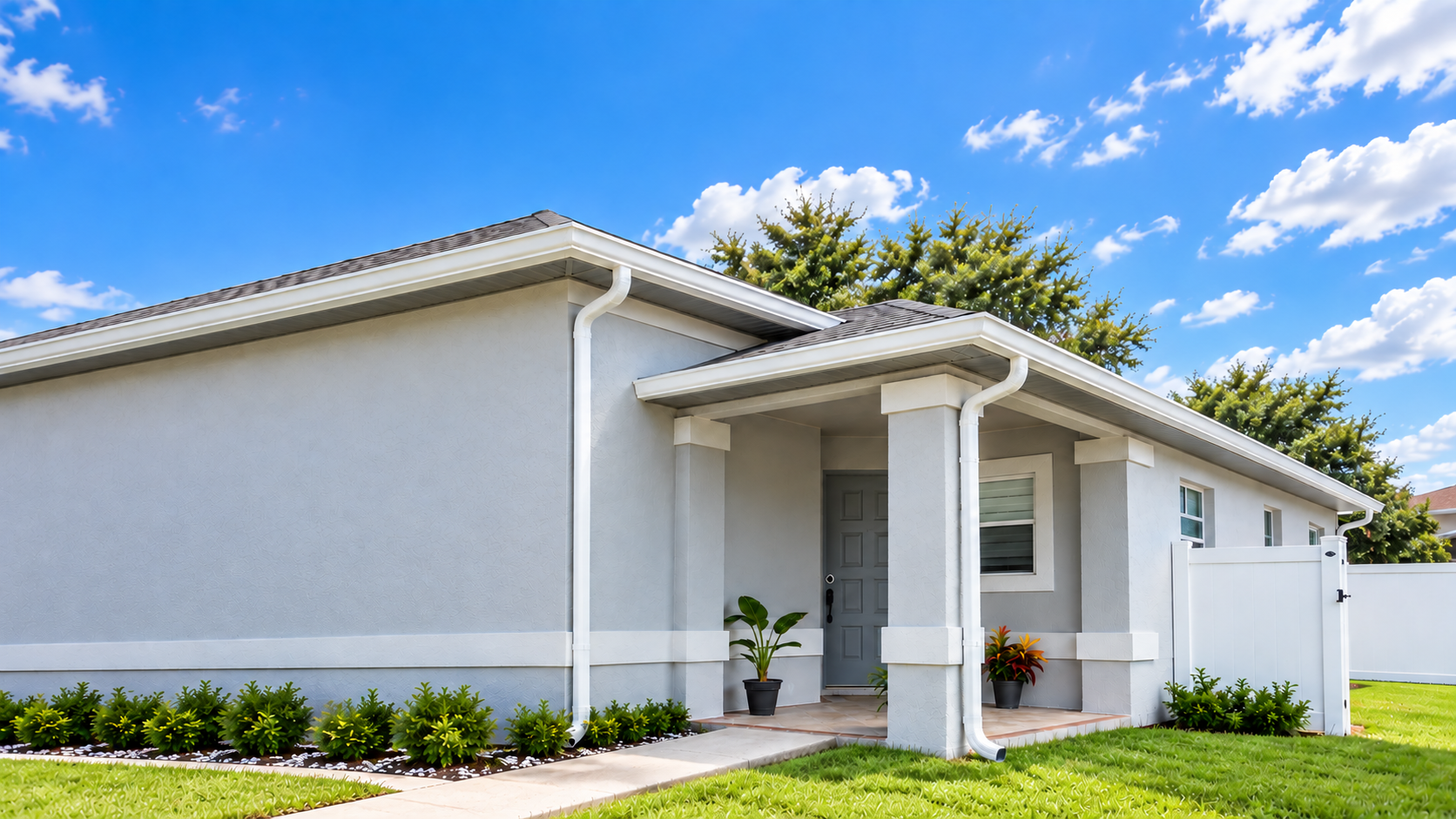 Florida home with a clean white gutter and downspout system