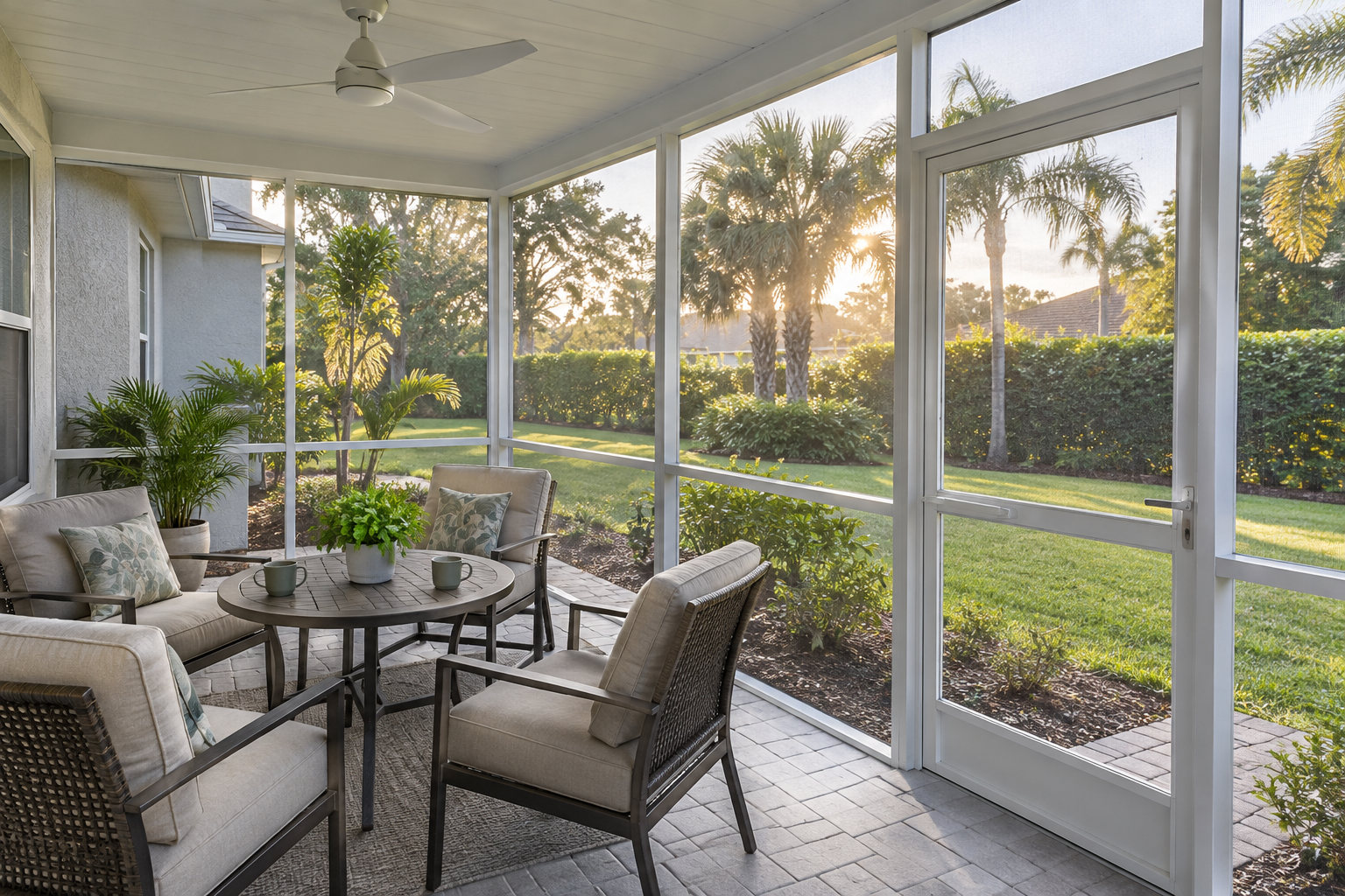 Illustration of an inviting screened lanai with a table, chairs and a garden view through the mesh.