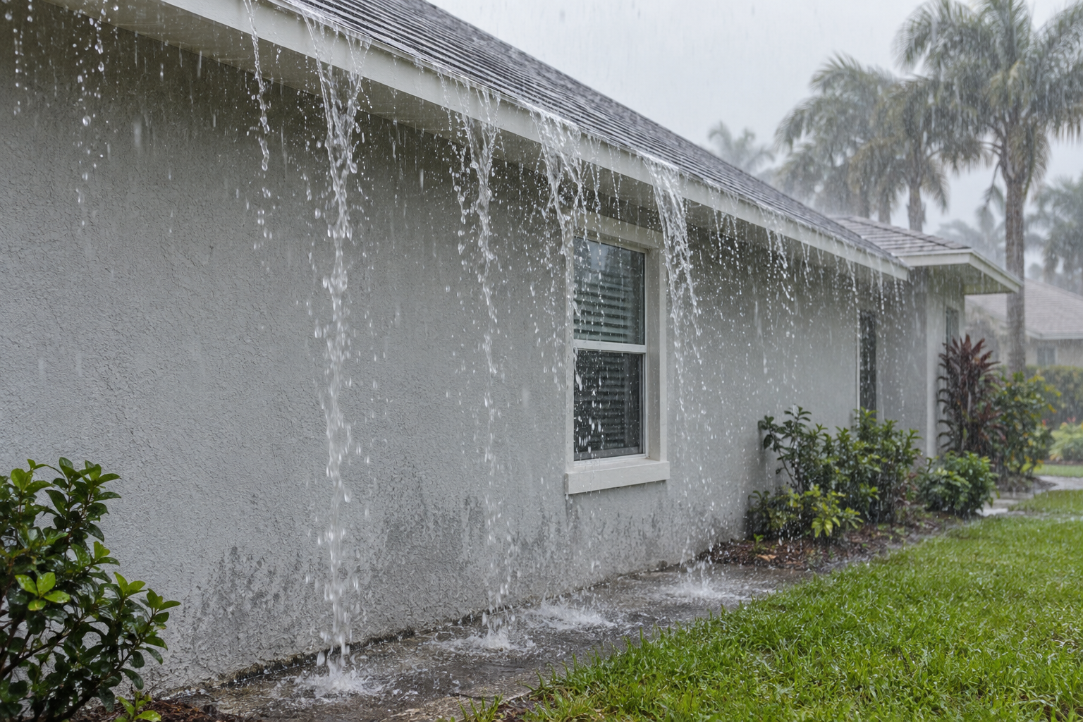 Illustration of heavy rain pouring from a roof without gutters and splashing against the lower stucco wall.