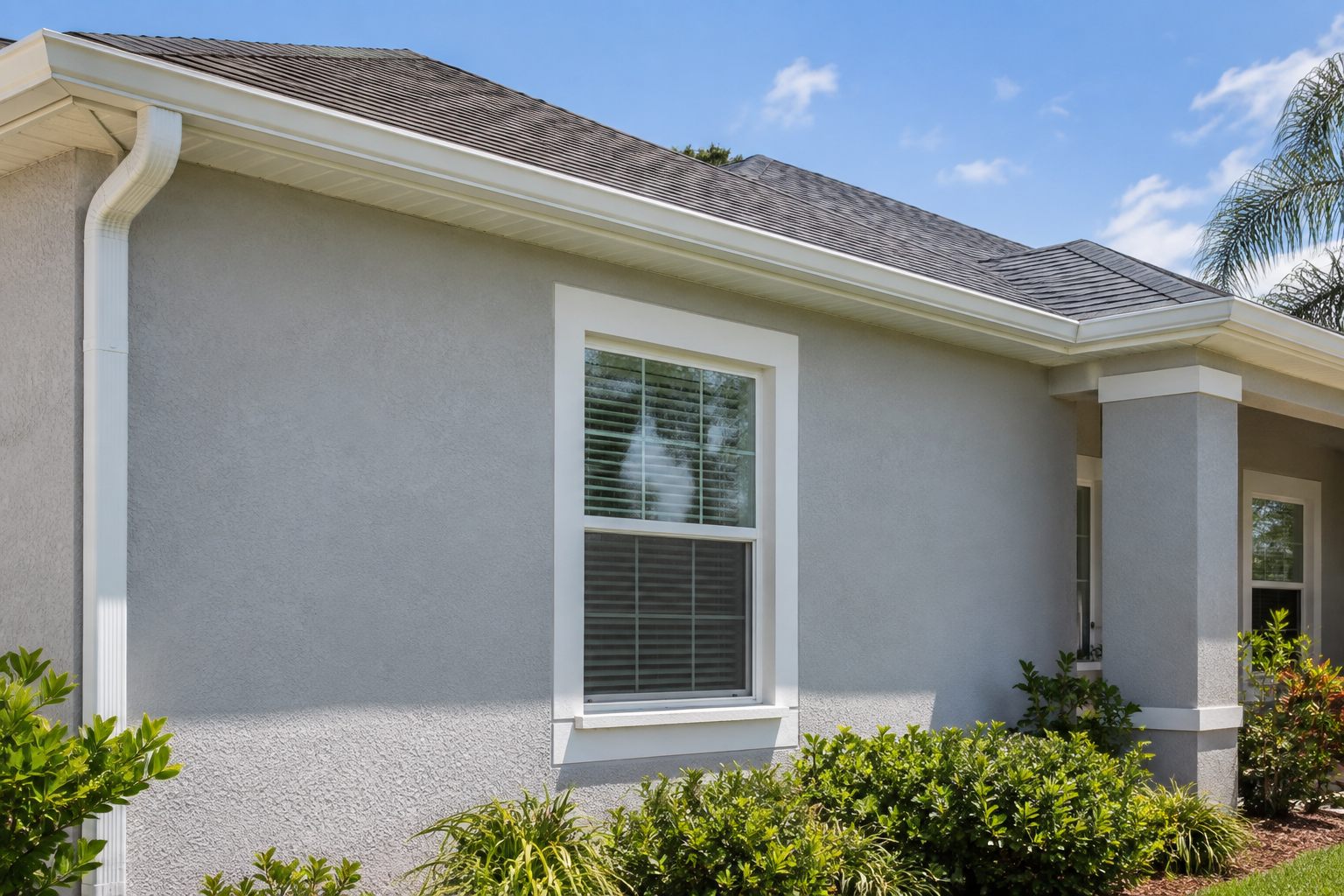 Illustration of a well-maintained light gray stucco home with white gutters along the roofline.